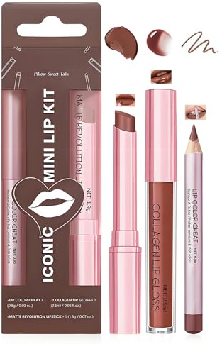 ICONIC Pillow Sweet Talk 3-Piece Mini Lip Kit - Warm Brown Matte Lipstick, Hydrating Collagen Lip Gloss & Matching Liner Pencil, Soft Nude Pink Neutral Everyday Makeup Set