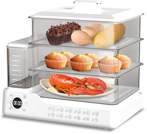 Vaporera Eléctrica 24L/25QT, Vaporera De Alimentos De 3 Niveles, 800W con Tanque De Agua Desmontable, Máquina De Desayuno De Gran Capacidad con Temporizador, para El Hogar, Restaurante, Fiesta