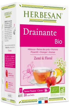 HERBESAN®- INFUSION DRAINANTE BIO - Saveur Passion Citron - Sans plastique- 100% plantes - 20 sachets en papier
