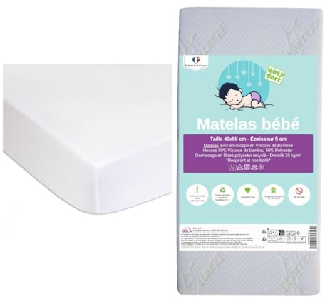 Easy Dort KIT Pratique Bebe | Matelas 40x80 cm 100% Bambou Berceau Couffin Lit Bébé + 2 Alèses 100% Coton Biologique | Kit Complet lit Chambre bébé | Certifié Oeko-Tex & GOTS | Fabrication UE