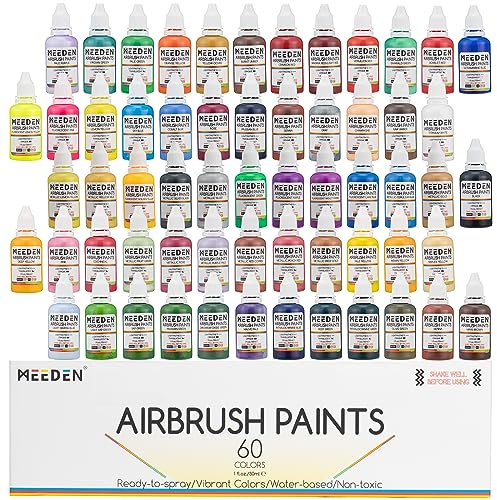 MEEDEN Airbrush Farbe, Airbrush Farbset 30mlx 60 Farben, deckende und durchscheinende Farben, auf Wasserbasis, Premium-Airbrush-Farbset für Anfänger, Hobbyisten und Künstler