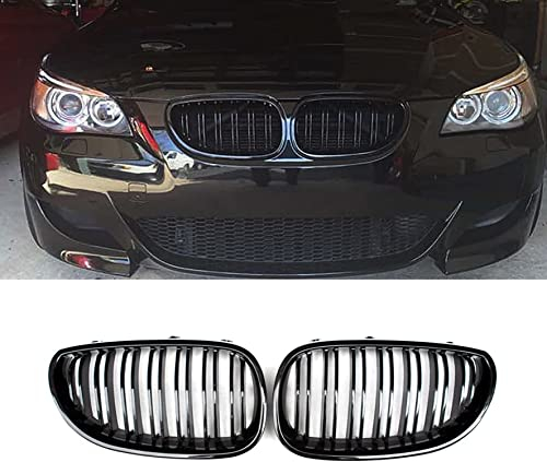 Gangying E60 Nieren Schwarz Kühlergrill Streifen passend für BMW 5er E60 E61 M5 2003–2009 E60 E61 Grill Nieren Kühlergrill Vorne(Doppellamellen glänzend schwarz)