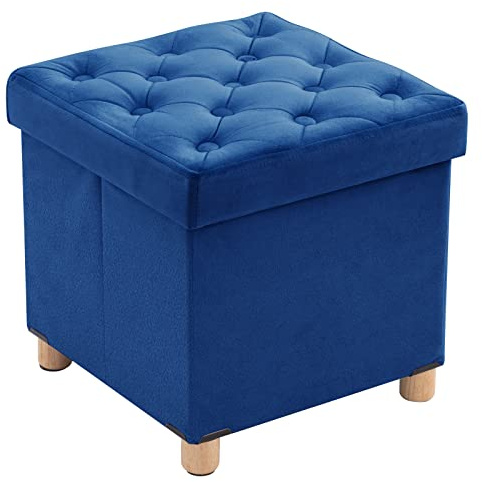BRIAN & DANY Pouf Contenitore Quadrato, Puff Poggiapiedi Pieghevole in Velluto, Pouf Sgabello con Gambe per Camera da Letto Soggiorno, 40 x 40 x 40 cm, Blu