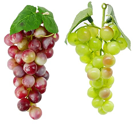 EQLEF 2 Bunches Artificial Grapes Plastic Fruits for Decoration, Green and Red Fake Grapes Fake Fruit Simulated Fruit for Home Kitchen Party Decor Vintage Wedding Favor (Grapes),17cm