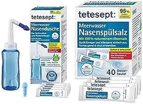 tetesept Meerwasser Nasendusche bei Schnupfen & Pollenallergie und Nasenspülsalz + Meerwasser Nasenspülsalz bei Schnupfen und Pollenallergie – Nasenspülung auch für Kinder reinigt und befeuchtet