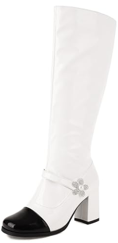 MJIASIAWA Damen Runde Zehen Lack Knee Reitstiefel Zweifarbig Party Mode Chunky Blockabsatz Hochzeit Kleid Reitstiefel Weiß Gr 41 EU/43 Asiatisch