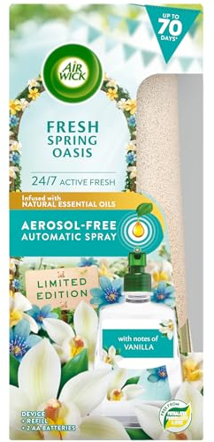 Air Wick Aerosol-Free Automatic Air Freshener Spray Kit, Fresh Spring Oasis, 1 Gadget & 1 Refill (228ml), 24x7 Active Fresh Odour Neutraliser, Lasts Up to 70 Days, Air freshener For Home