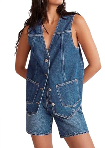 Tankaneo Denim Vest for Women Casual V Neck Button Down Sleeveless Jean Jacket