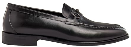 Men's Classic Round Toe Penny Loafers with Snaffle Buckle Real Leather Handmade Shoes [MA7288-Y02-BLACK-45EU, 10.5UK]