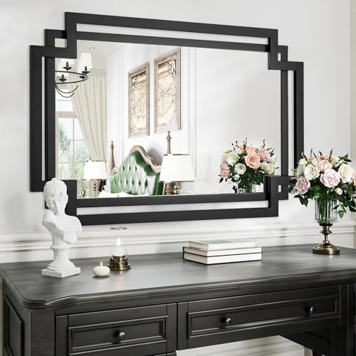 Autdot 28 x 40 Black Wall Mirror for Decor, Large Bathroom Mirror with Geometric Metal Frame, Modern Rectangular Mirror for Entryway, Dining Room, Fireplace