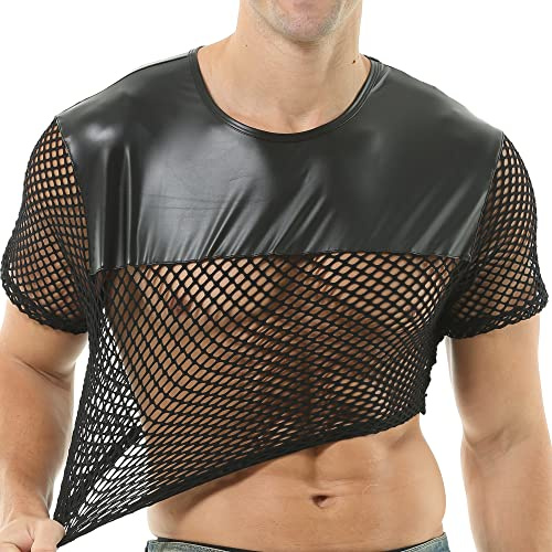 QiaTi Camisa de malla para hombre, músculo, transparente, manga corta, camisetas, camisa de malla, camisa de malla, ropa interior para hombres, 2#negro, L