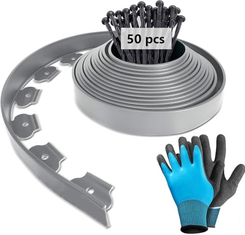 MeYuxg Bordo Giardino Flessibile, Bordi Aiuole Plastica, con 50 Chiodi di Fissaggioe un paio di Guanti, Lunghezza 10m, Altezza 5cm, Nero (argentato)