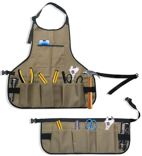 Realand Tablier d'outil de 14 poches + ceinture d'outil de taille de 13 poches, gilet de tablier de travail durable d'Oxford pour le magasin de menuiserie de jardin de charpentier,kaki