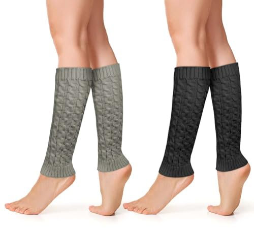 AUYAO Gestrickte Beinstulpen Damen 2Pcs Winter Stulpen Crochet Stricken Lose Beinwärmer Lange Leg Warmers Gothic Punk Thermo Gestrickte JK Socken Legwarmers 90er Kawaii Häkelstulpen(Hellgrau, Schwarz)
