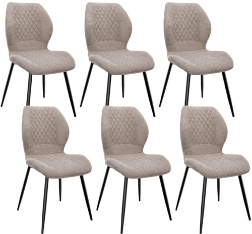 FRUOGO Lot de 6 Chaises Salle à Manger,Chaise Cuisine,Chaise Salon,Chaise Ergonomique,avec Coussin en éponge de Lin, Pieds en métal et revêtement en à Motif Diamant-Marron.