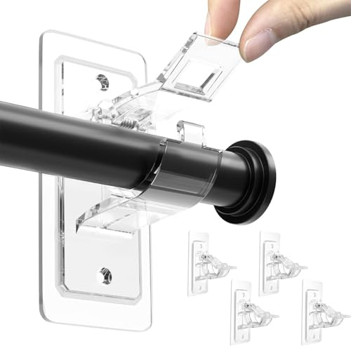 BelleVive 4 piezas soporte para barra de cortina sin perforar, soportes adhesivos para barra de cortina, sin agujeros, ganchos multifuncionales sin clavos para baño, dormitorio, transparente