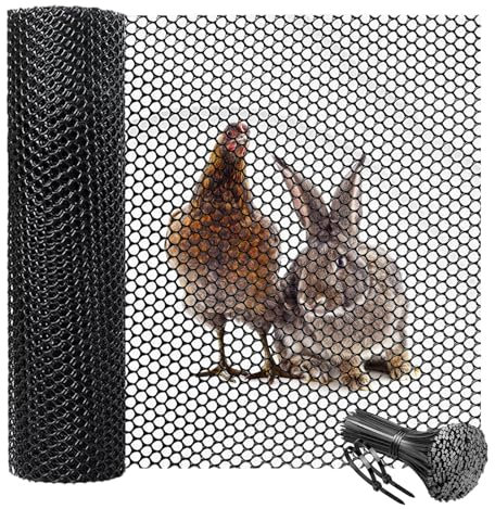 10m x 40cm Plastic Chicken Wire Mesh Roll, Garden Fencing Net for Poultry Breeding, Plant Protection, Balcony Safety, Temporary Yard Fencing, with 100 Ties, Black