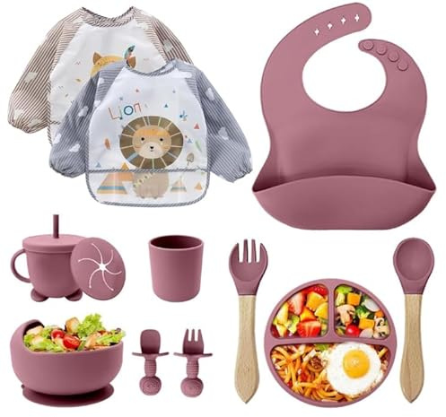 Baby Geschirrset Silikon 12-teilig – BPA-frei Kinderteller mit Saugnapf, Trinklernbecher mit Strohhalm, Silikonlätzchen, Schüssel, Holzlöffel, Babybesteck – Spülmaschinen- & Mikrowellengeeignet