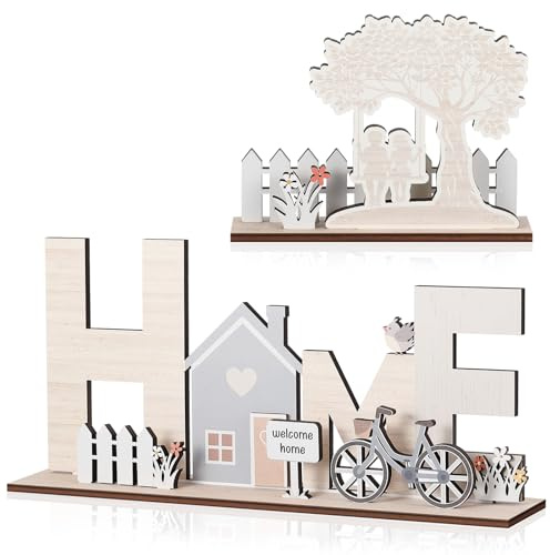 Jetec 2 Pezzi Regali di Inaugurazione della Casa Decorazione Casa in Legno Supporto Decorativo Scritta HOME Espositore Albero per Soggiorno Davanzale Corridoio Camera da Letto Natale Sposi