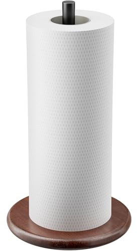 Jasopaco Paper Towel Holder with Wooden Base, Kitchen Countertop Paper Towel Stand, Brown Wood Base with Black Stainless Steel Post, Farmhouse Roll Dispenser.