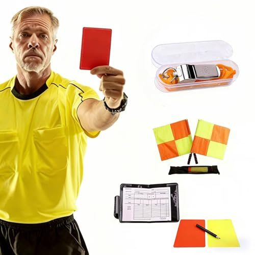 Soccer Referee Kit - Complete 2 Pcs Referee Flag Set with Checkered Flag, Red/Yellow Cards, Stainless Steel Whistle, Logbook, and Storage Bag Perfect for Games, Training, and All Levels of Referees