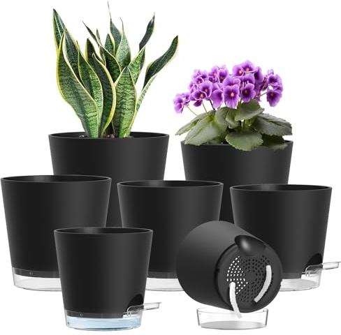 WSMKSZ 7 Pack Self Watering Plant Pots Indoor, Plastic Flower Pots with Clear Reservoir, Visible Water Level & Drainage Holes, 20/17.6/16.3/15/13.8/12.7/10.2 cm Planter Pots with Cotton Wick, Black