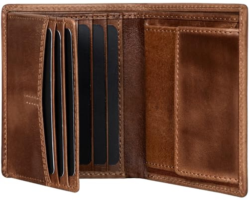 Fa.Volmer VO47 - Portafoglio in vera pelle, protezione RFID, 9 scomparti per carte di credito + scomparto per monete, con confezione regalo, marrone antico, m, Classico