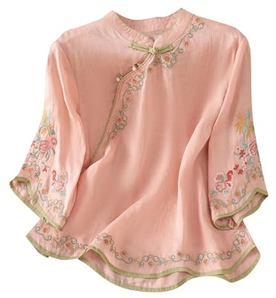 3/4 Sleeve Shirts for Women UK Elegant Floral Embroidered Blouse with Chinese Style Fold Button Lightweight Oriental Tops Ladies Traditional Chinese Clothing Vintage Ethnic Style Top