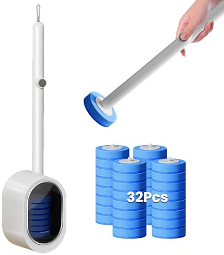 Scopino WC Parete Monouso, Set Spazzolone Bagno WC con 32 Testine di Ricambio, Spazzola per WC Monouso con Detersivo, Scopino usa e getta (Set di scopino per WC bianco + 32 ricariche)