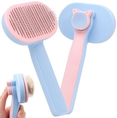 OVBOVA Cepillo autolimpiante para perros y gatos, set de 2 cepillos con púas extra largas, elimina subpelo, nudos y enredos, cepillo para mascotas de pelo corto y largo, rosa-azul