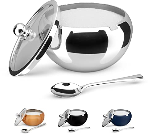 KooK Sugar Bowl, Sugar Bowl with Lid and Spoon, Sugar Container with Lid, for Salt, Coffee, Holds 2 Cups, Dishwasher Safe, Stainless Steel, 16 Oz