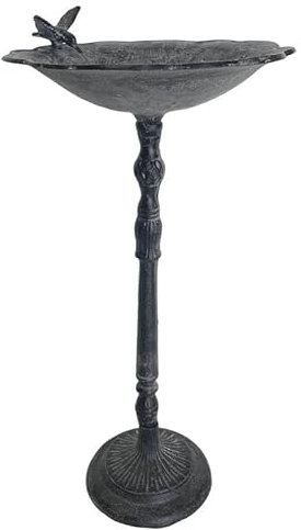 L'Héritier Du Temps Grand Bain Oiseau sur Pied en Fonte Bénitier à Poser Mangeoire Abreuvoir à Volatiles Patine Gris 36x36x75cm