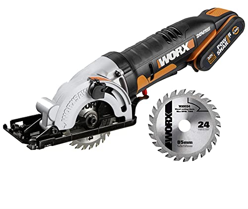 WORX - Scie circulaire sans fil 20V - WORXsaw - WX527 - 85 mm (livrée avec batterie et chargeur, adaptateur aspirateur, guide et coffret, profondeur de coupe de 27 mm)