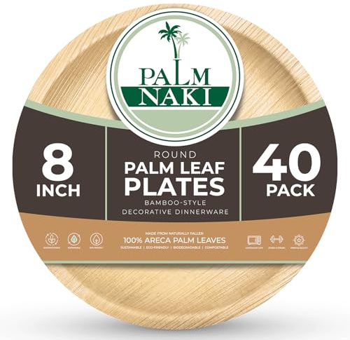 PALM NAKI Palm Leaf Plates | 8 Round | Compostable Bamboo-Style Decorative Plates | Ideal for Events, Gatherings, and Everyday Elegance - 40 Pack