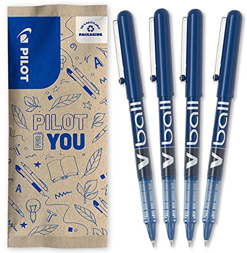 PILOT - 4 V-Ball 05 Rollerball Pens - Liquid ink for smooth and precise writing - Quick drying - Blue - Fine tip