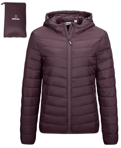 Outdoor Ventures Giacca trapuntata da donna, leggera, avvolgente, calda, con cappuccio, foderata, con tasche, per il tempo libero, le escursioni, i viaggi, melanzana, M