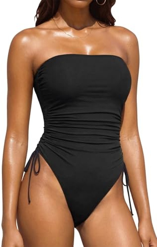 Yonique Women Strapless One Piece Swimsuit Tummy Control Bandeau Bathing Suit Cheeky Swimwear Black M