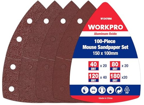 WORKPRO 100 Piezas Juego de Hojas de Lija, Papel de Lija para Lijadora Múltiple, Hojas Multilijadoras de Grano 40/80/120/180, 11 Agujeros, Accesorios para Multilijadora