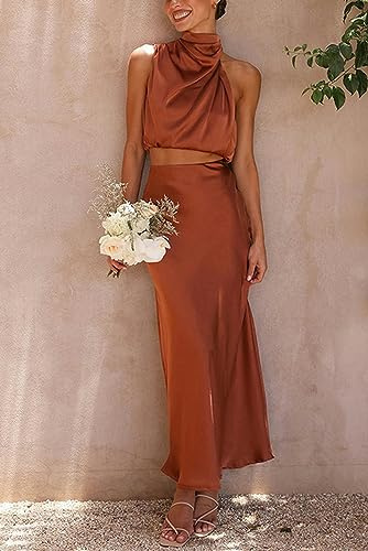 ARESU Set Gonna Senza Maniche in Raso con Scollo all'Americana Set di Alta qualità Celebrità Bolero Gonna a Trapezio Set da Due Pezzi da Donna-Marrone Scuro-L