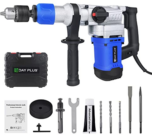Martillo de impacto giratorio SDS sin escobillas para hormigón, martillo de demolición, gato de demolición, mango giratorio de 360°, 6 velocidades variables, con grasa, cincel, brocas
