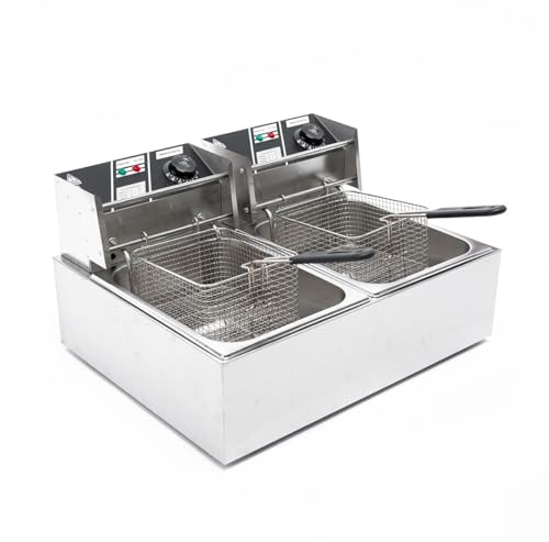 Electric Deep Fryer w/ 2 Baskets and Lids, 5000W 21.8L Electric Fryer Stainless Steel Temperature Control, Commercial Deep Fryer, Countertop Kitchen Frying Machine Fried Chicken Sausages 22.8QT