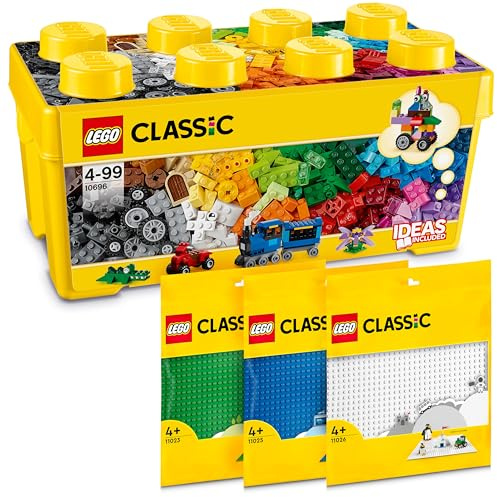 Lego Classic Boîte de briques de construction + plaques vertes, bleues et blanches, Kit de démarrage pour enfants à partir de 4 ans