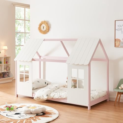 [en.casa] Letto per Cameretta a Forma di Casetta Semiaperta con Finestra e Tettuccio Letto Singolo per Bambini Struttura in Legno di Pino Zona di Riposo 90 x 200 cm Rosa/Bianco