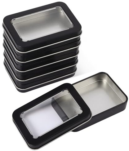 Lot de 6 boîtes en métal avec couvercle, boîte de rangement rectangulaire en métal avec couvercle, boîte en tôle avec fenêtre transparente, petite boîte en métal avec couvercle transparent (noir)