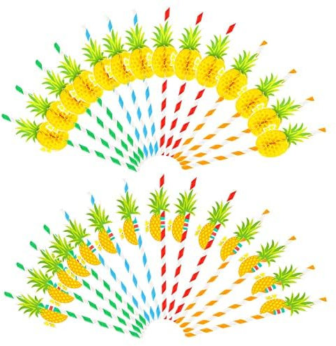 Cocktail Strohhalme, 50 Stück Flamingo Papierstrohhalme, Hawaiianische Tropische Party Strohhalme Spaß Trinkhalme Strohhalmen für Tropische Sommer Strand Party Getränk Dekoration (Ananas)