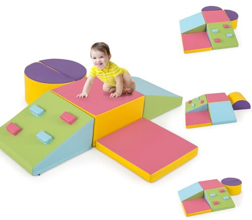 HOMFME Parcours Motricité Bébé en Mousse 6 Pièces, Blocs d’Escalade avec Housse en Cuir et Attaches à Crochets et Boucles, Aire de Jeux à Différentes Formes, Idéal pour Enfants 3 Ans Plus (Coloré)