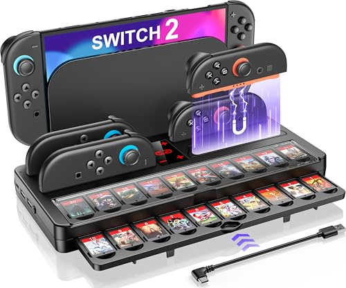 HASACOOL Switch - Estación organizadora con base de carga Joy Con, estación de carga para Nintendo Switch 2, kit de accesorios de almacenamiento con estación de base de TV y 20 ranuras para tarjetas