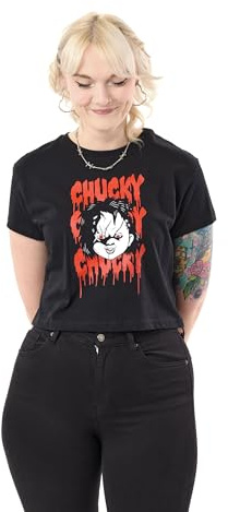 Chucky Camiseta gráfica negra para mujer | Camiseta corta de manga corta | Estampado de muñeca de película de terror | Camiseta corta espeluznante para mujer | Mercancía clásica de culto | Camisa de