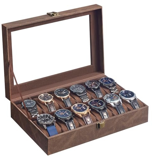 SONGMICS Watch Box with 12 Slots, Watch Case with Glass Lid, with Removable Pillows, Metal Clasp, Gift Idea, Coffee Brown Synthetic Leather, Coffee Brown Lining JWB120KQ02
