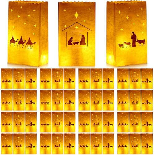 ForraFun 48 Pcs Christmas Nativity Luminary Bags Bulk Religious Christian Paper White Candle Lantern Bag 10 x 6 x 3.5Inch Fire Retardant Paper Jesus Luminaria Lantern for Christmas Winter Party Decor